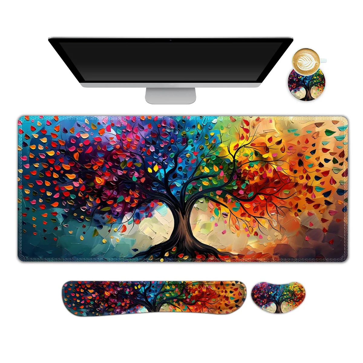  NXZGO 4-in-1 Mouse Pad Set 35.4 x 15.7 in Colorful Tree Leave — product photo