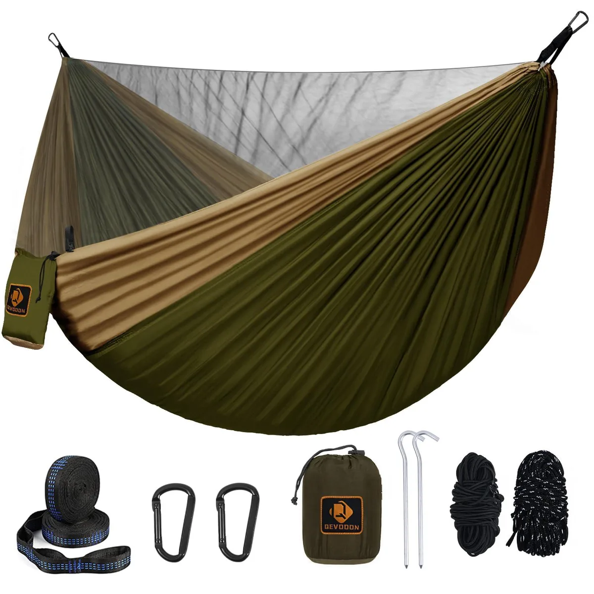 Green and khaki double hammock with integrated mosquito net and tree straps