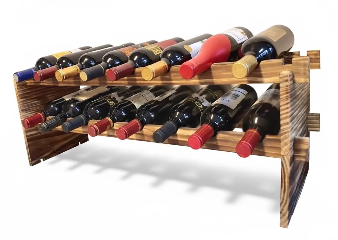 Two-tier carbonized pine wine rack holding sixteen bottles, rustic finish, freestanding