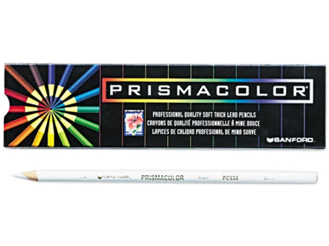 Twelve white Prismacolor Premier pencils in a row