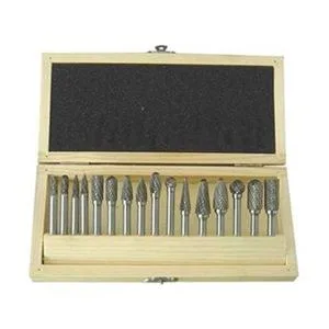 Sixteen carbide burs in a case, silver metal, various shapes