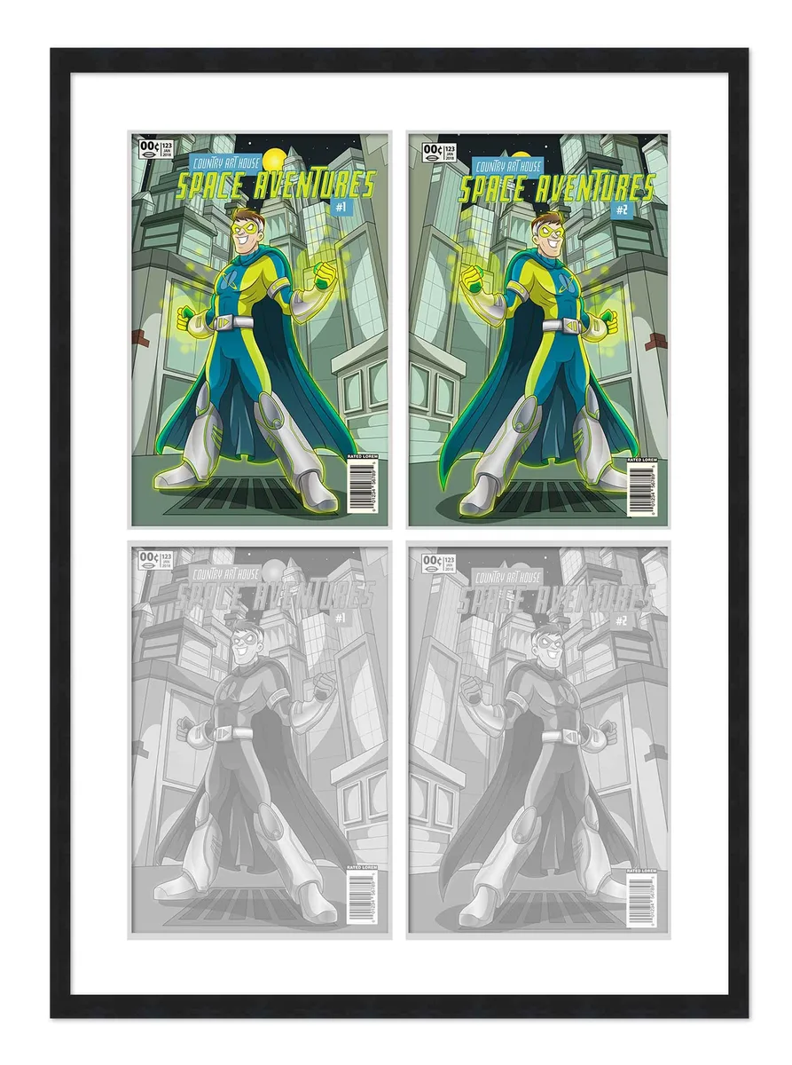 CustomPictureFrames.com CustomPictureFrames.com Black Comic Book Frame 4 Openings 6.875x10.5 White Mat UV Acrylic home accent — product photo