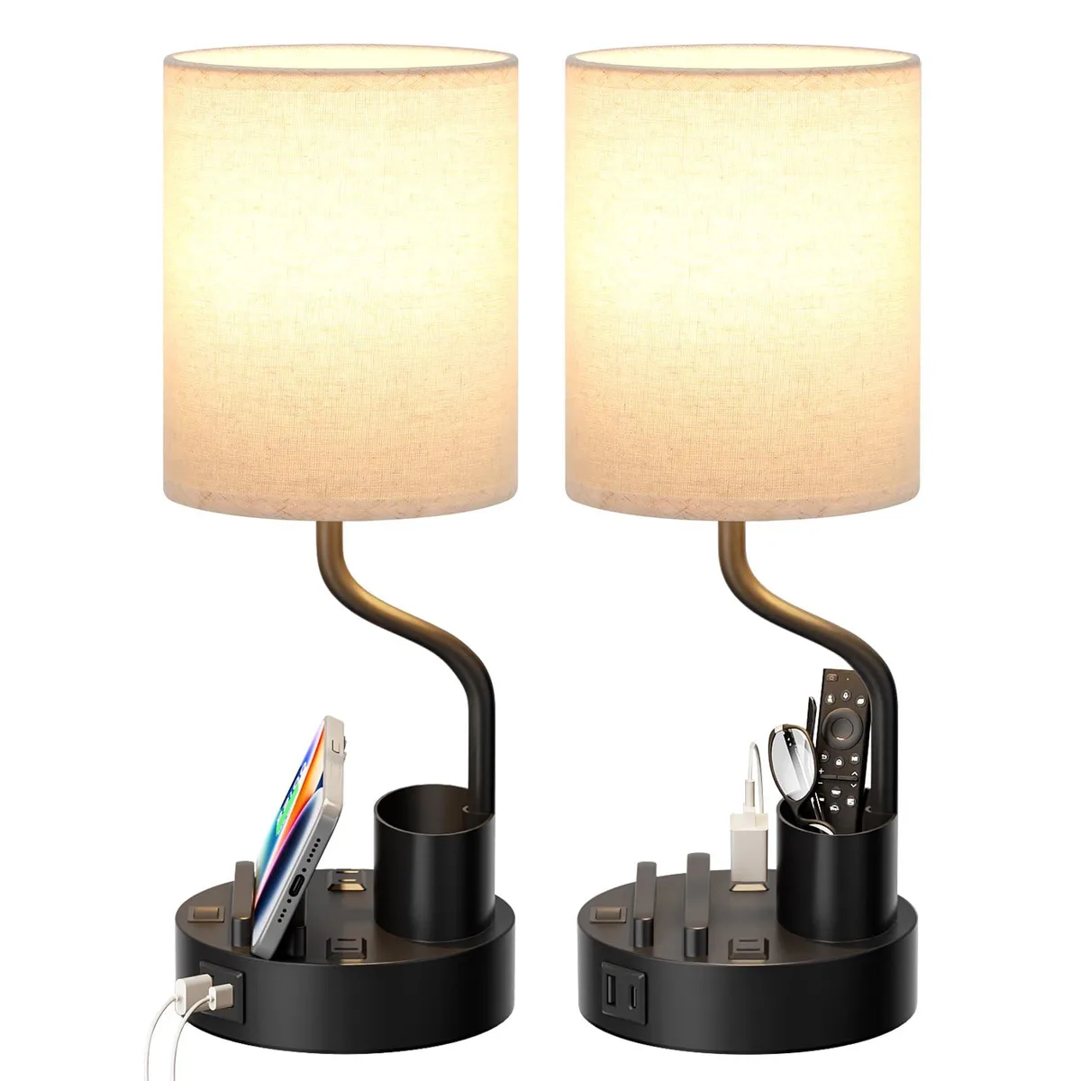 Pair of minimalist round table lamps with fabric shades painted finish integrated phone stand and pen holder