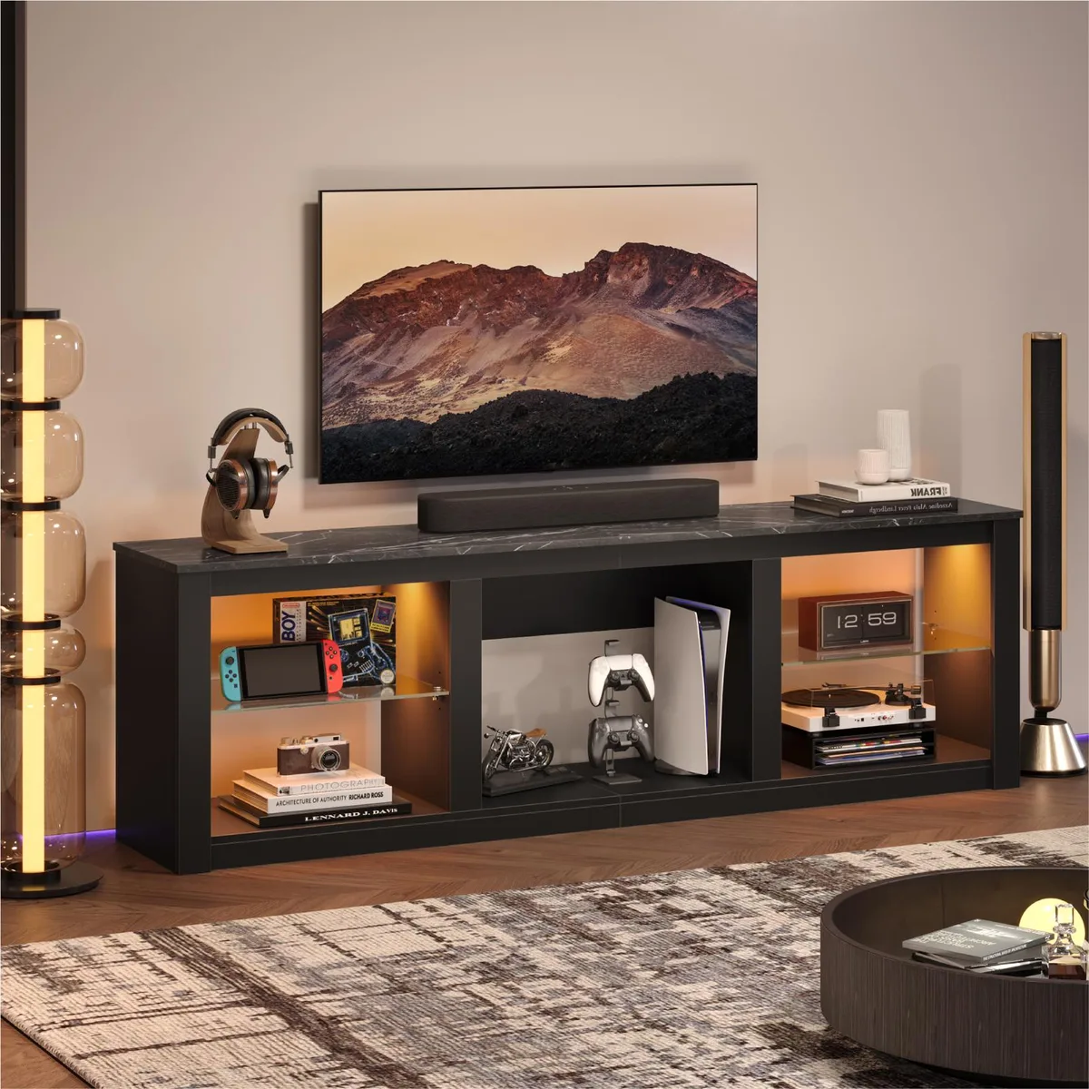 Bestier Bestier 70" TV Stand LED Glass Shelves Black Marble 71"W 62lb — product photo