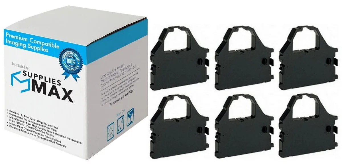 Six black dot-matrix printer ribbons in plastic cartridges, sealed in a clear pack