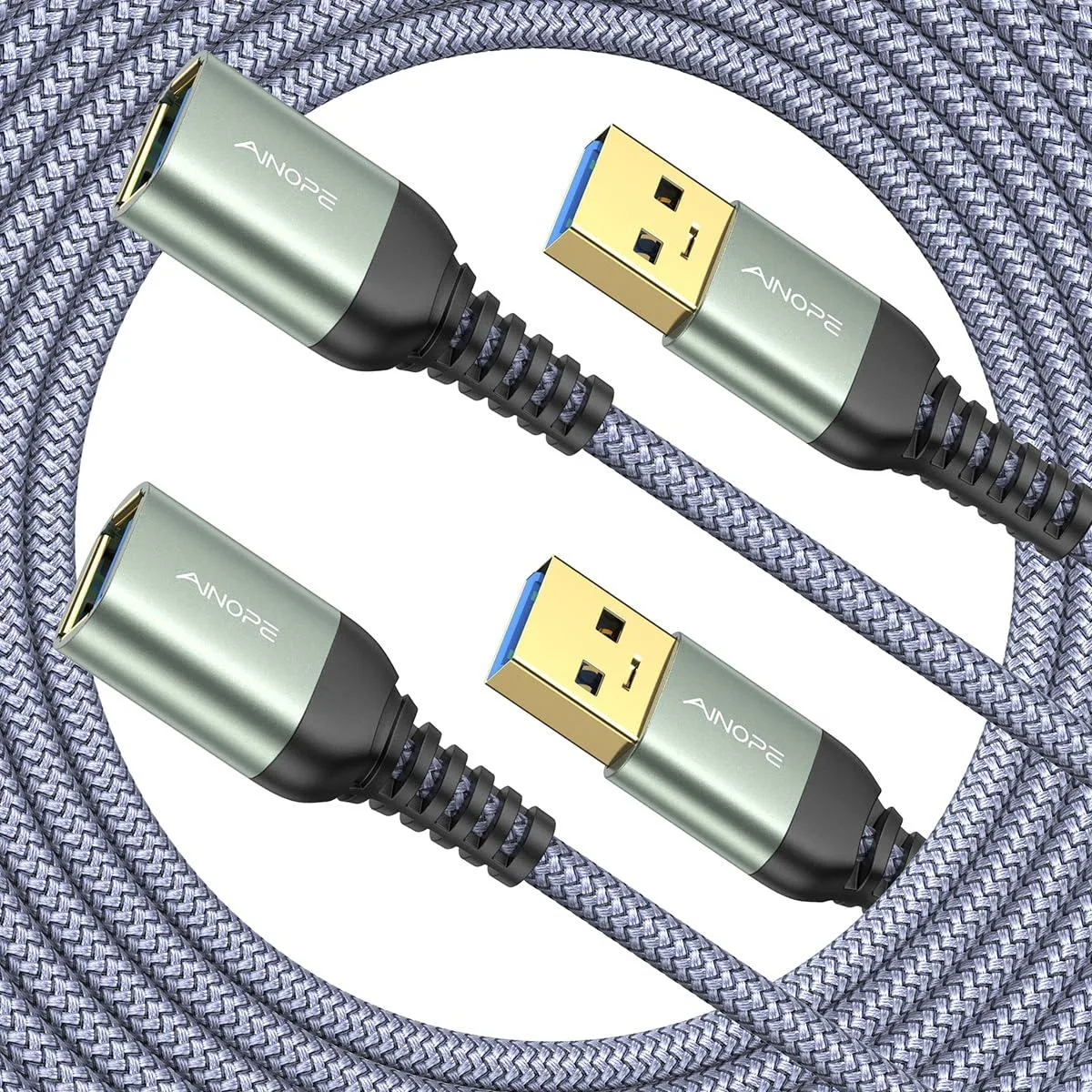 KEHIPI KEHIPI USB 3.0 Extension Cable 2 Pack Grey 16ft Braided — product photo