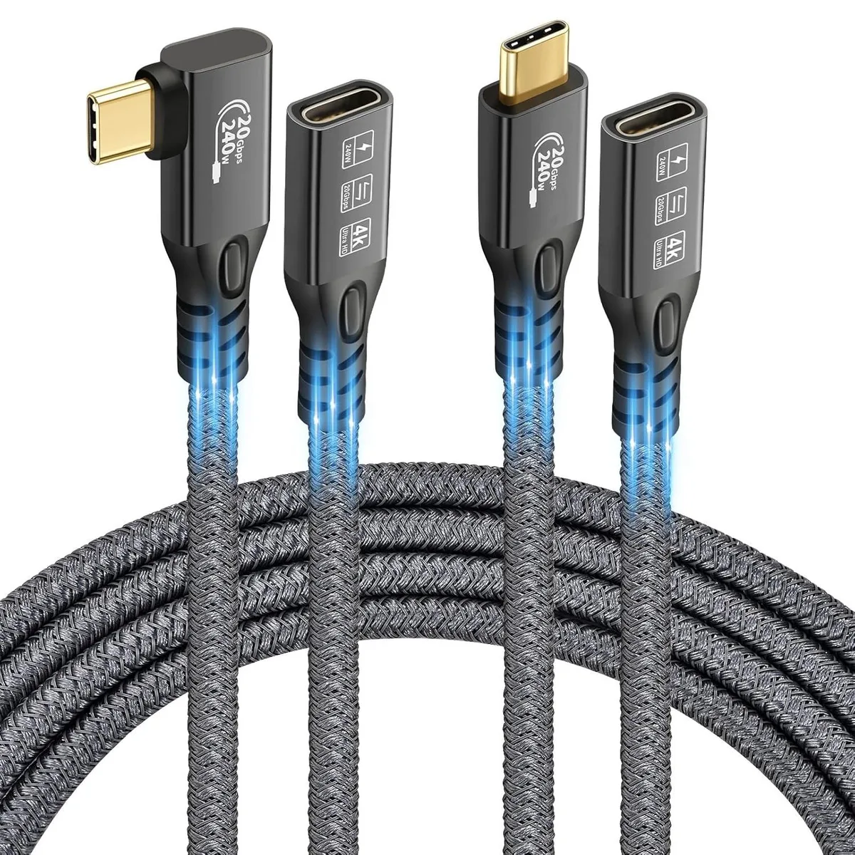 CableDeconn CableDeconn USB C 3.2 Gen 2x2 Extension Cable 2-Pack 90 Degree 1.6ft Straight 1.6ft 20Gbps 240W — product photo
