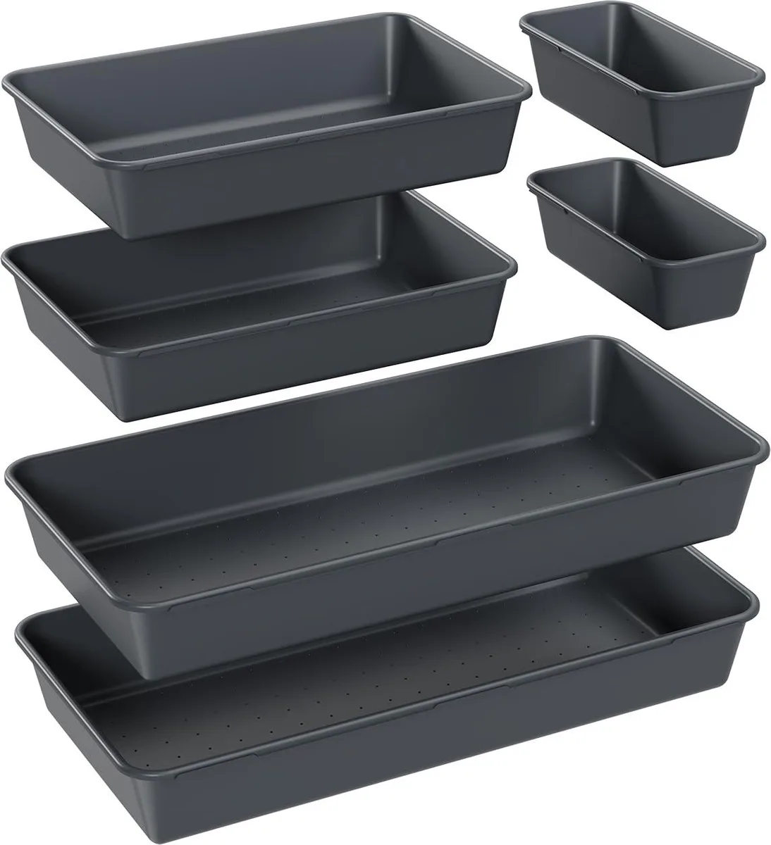 Six grey plastic drawer trays in three rectangular sizes lying flat