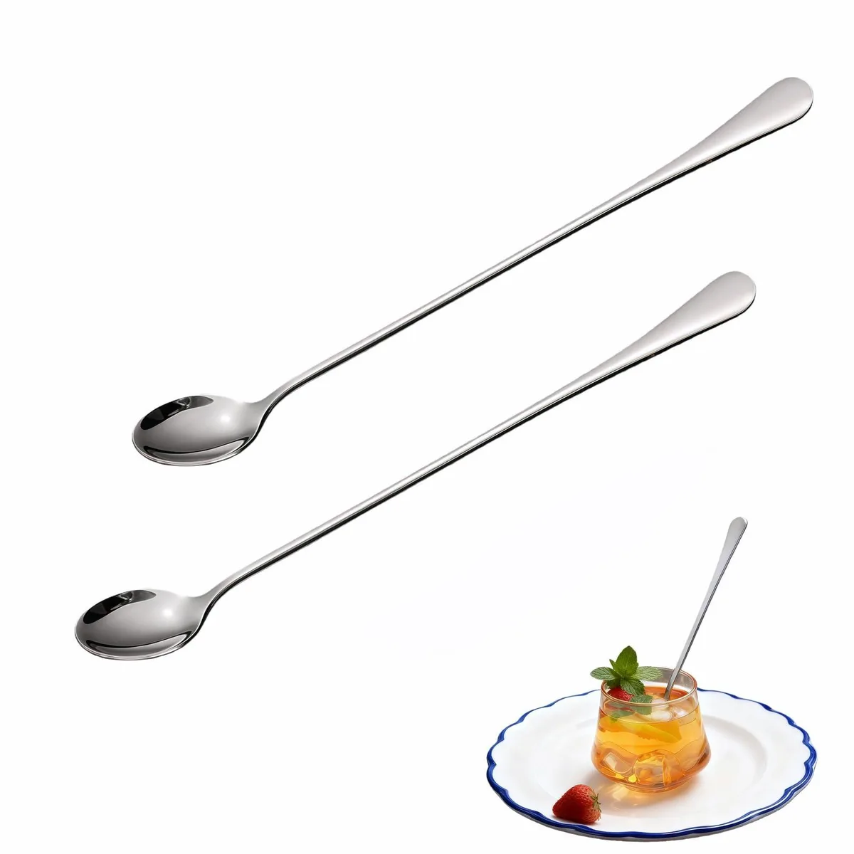 Two 9.5-inch stainless steel spoons with long handles and thick ergonomic grips