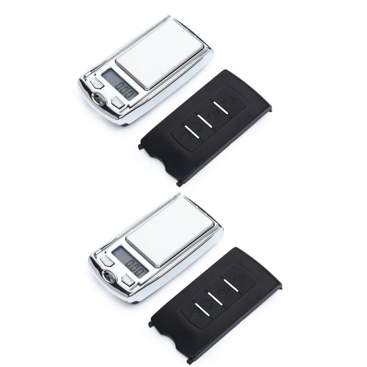 Two blue car-key shaped mini digital scales with LCD backlit displays