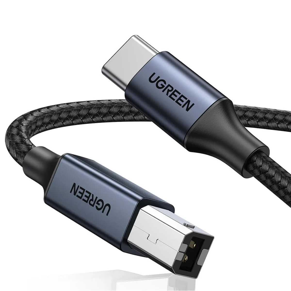 Nylon-braided USB-C to USB-B cable, 6.6 ft