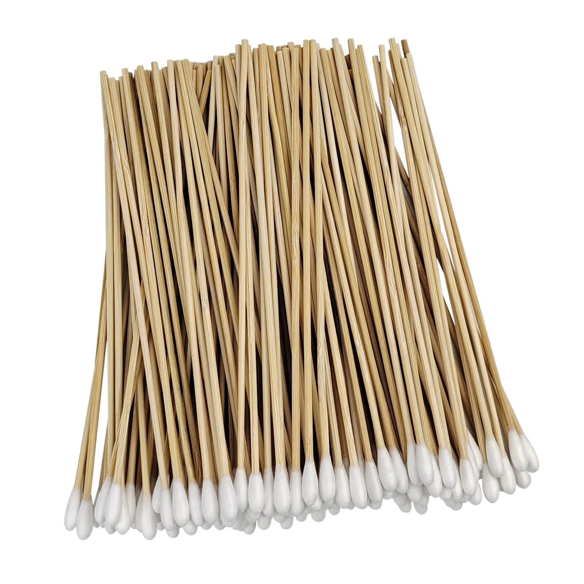 Bundle of 100 six-inch bamboo cotton swabs with wooden handles and white tips