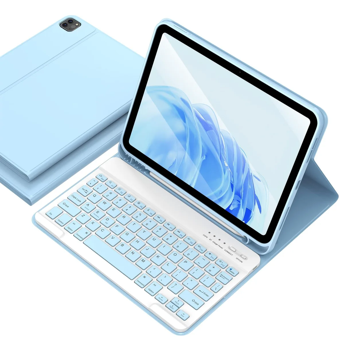 Light blue folio case with detachable keyboard and pen holder