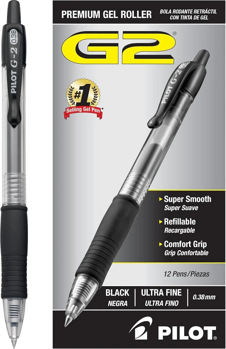 A box of twelve black ultra-fine retractable gel pens with rubber grips