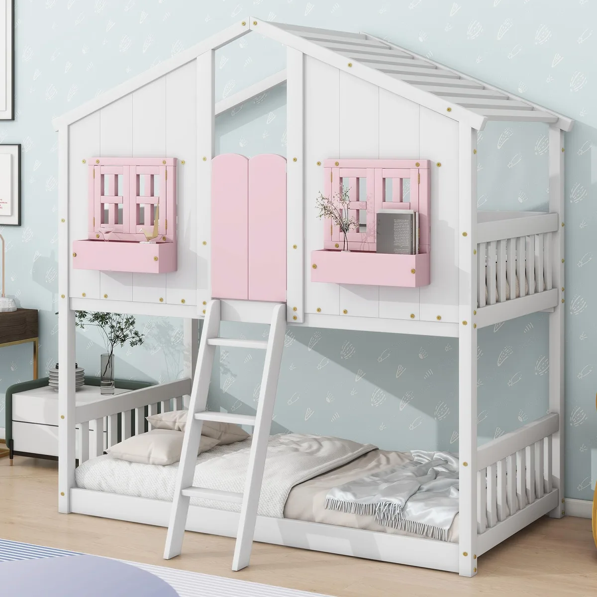 Twin-over-twin house bunk bed in pink and white pine with roof, windows, door and ladder