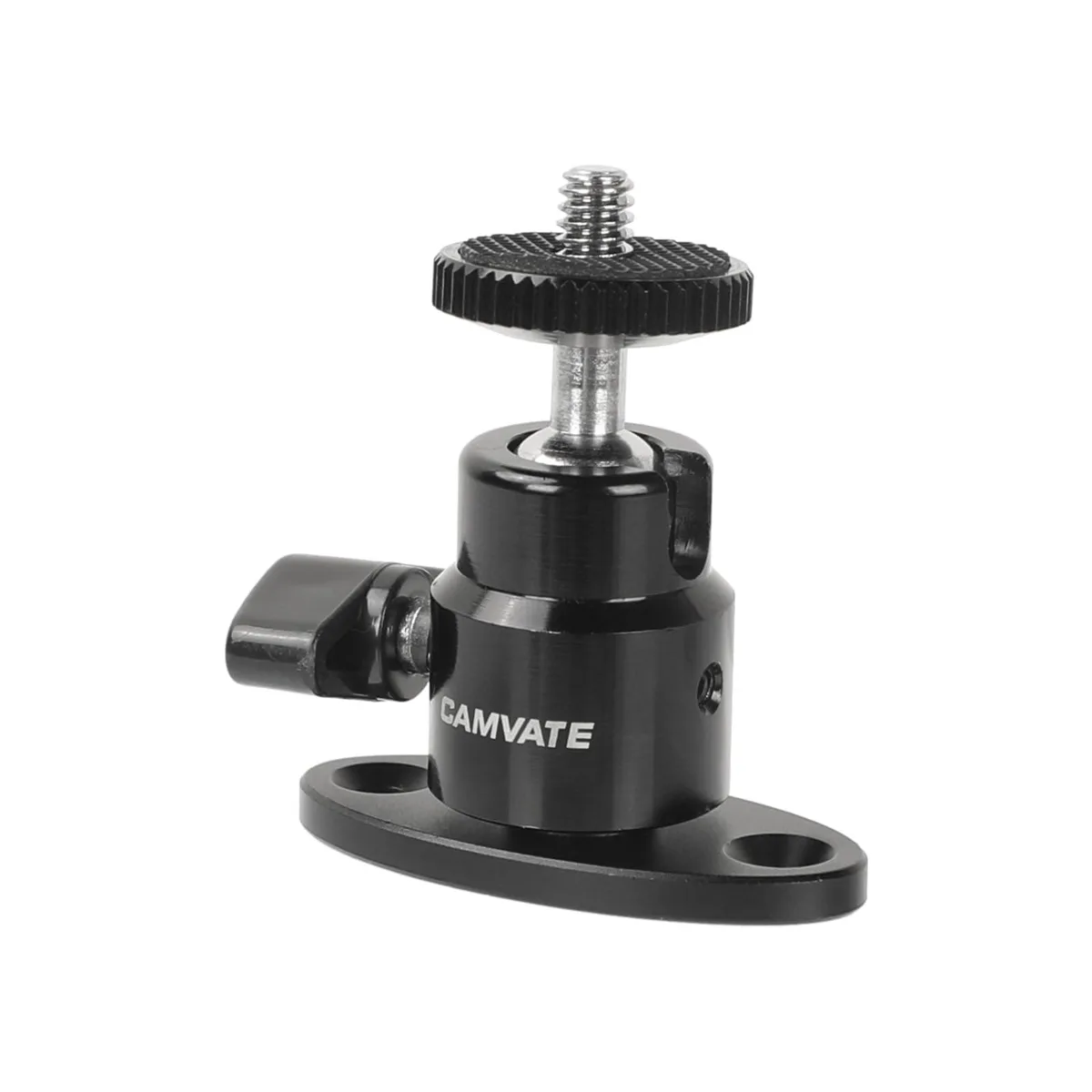 Aluminium mini ball head with oval ceiling base, two mounting holes, 1/4"-20 screw, 360° rotation, 90° tilt