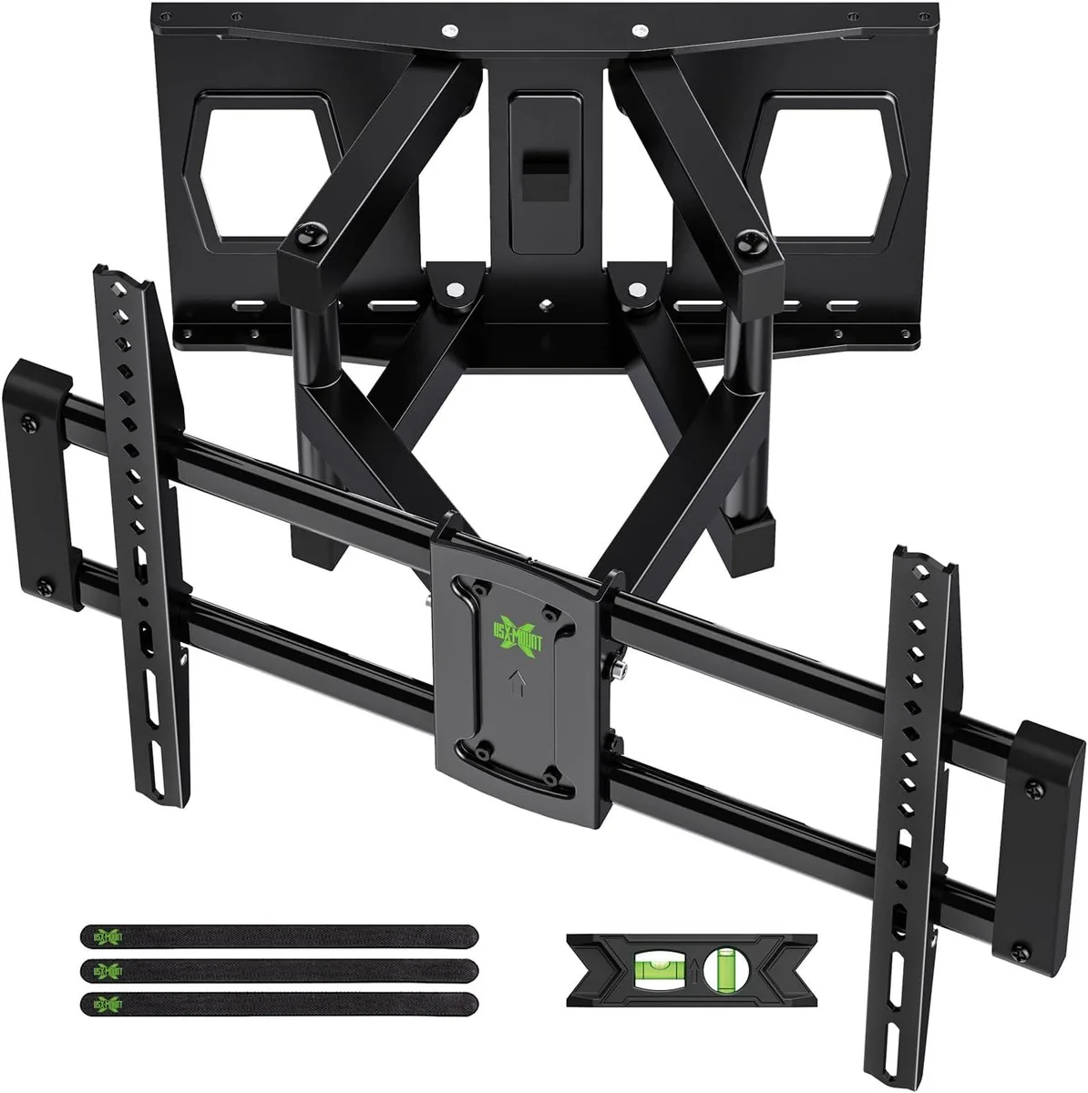 Black steel full-motion TV wall mount with six articulating arms retracted against wall plate