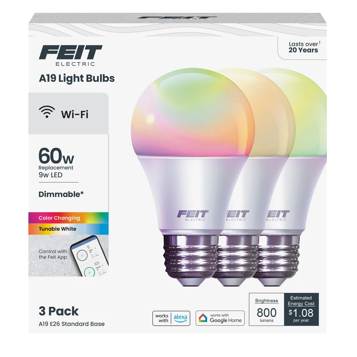 Feit Electric OM60/RGBW/CA/AG/3 60W RGBW A19 Smart Bulb 3-Pack — product photo