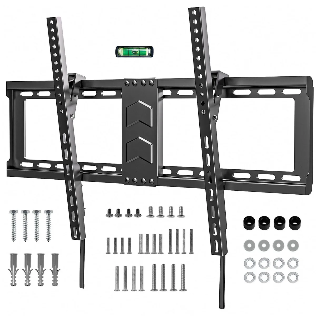 Black low-profile tilt TV wall mount with metal brackets and mounting hardware