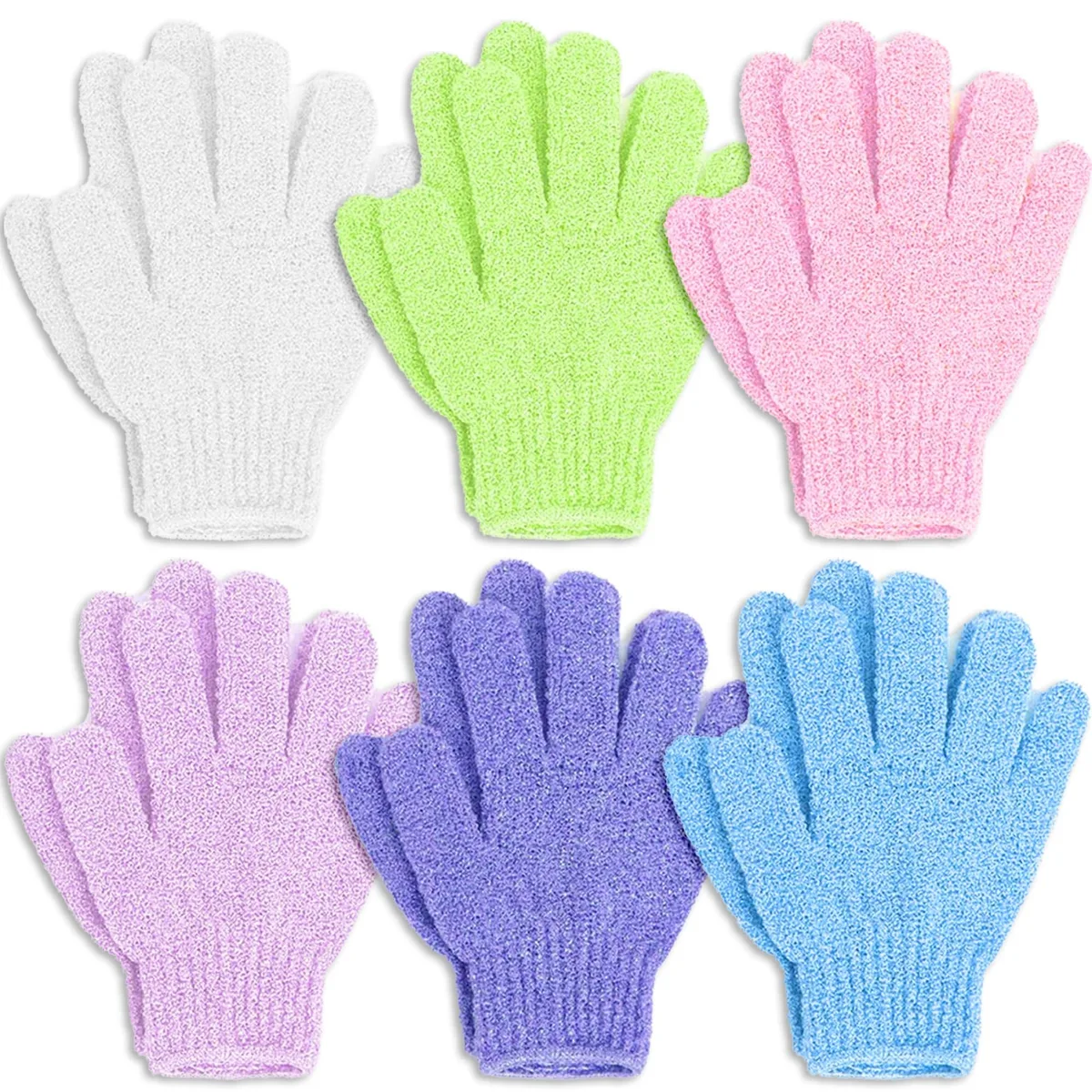 Twelve purple exfoliating gloves with textured surface and hanging loops