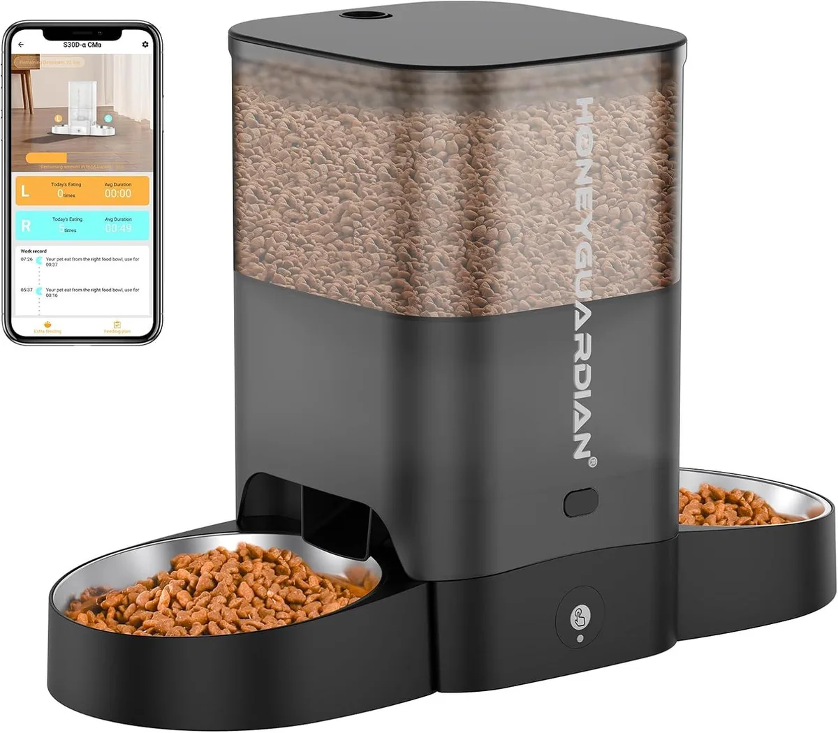Black automatic cat feeder with stainless steel bowl and dual food chutes