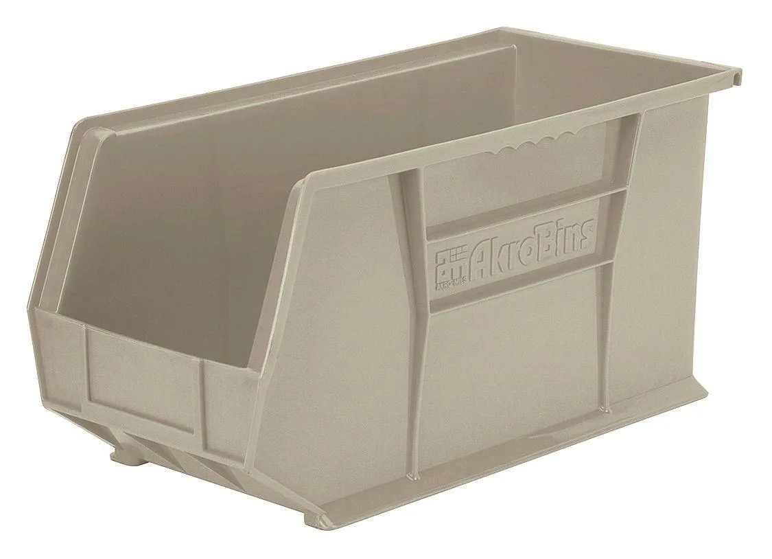 Beige plastic storage bin, 18 inches long, stackable design with label holder