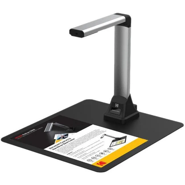 Compact document camera on folding arm stand, matte black finish with LED light and USB cable