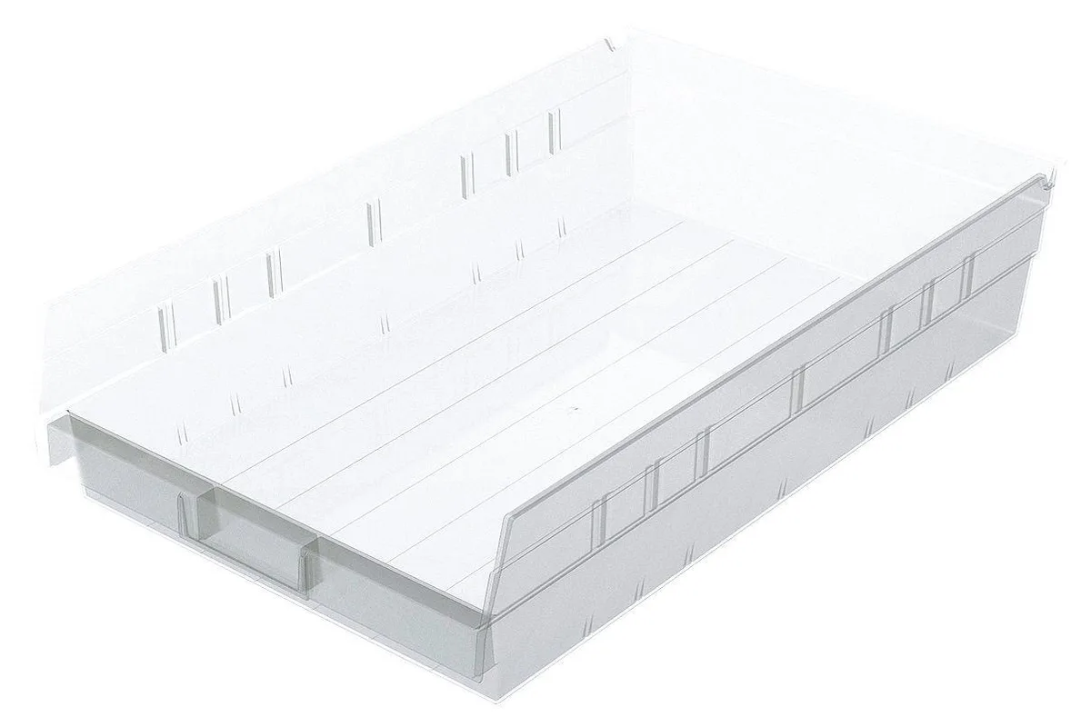 Clear plastic shelf storage bin, rectangular, open top, label holder, hangable, nestable