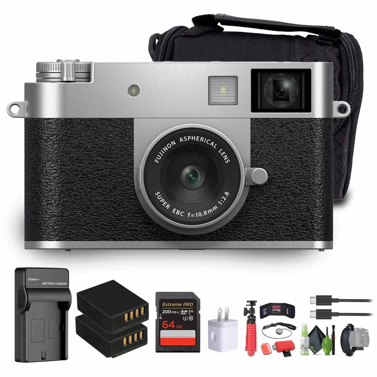 FUJIFILM FUJIFILM X half Silver Camera Kit with Soft Case, USB Card Reader, 64GB Card, Battery, Charger, Tripod — product photo