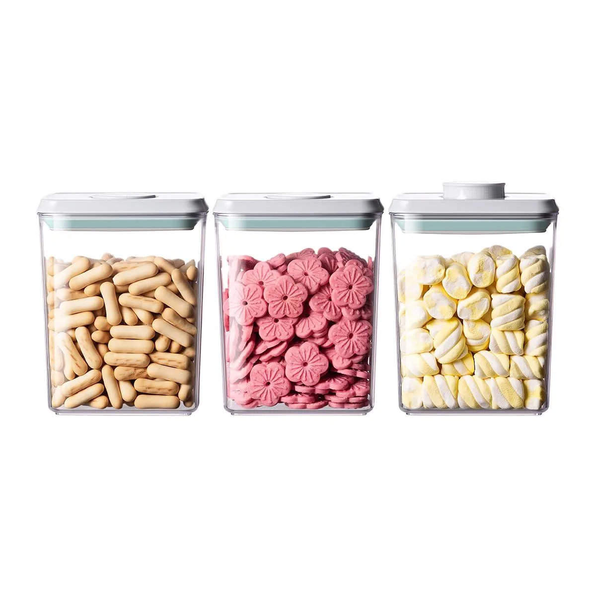 Three red 1.3qt airtight food containers with pop-up lids