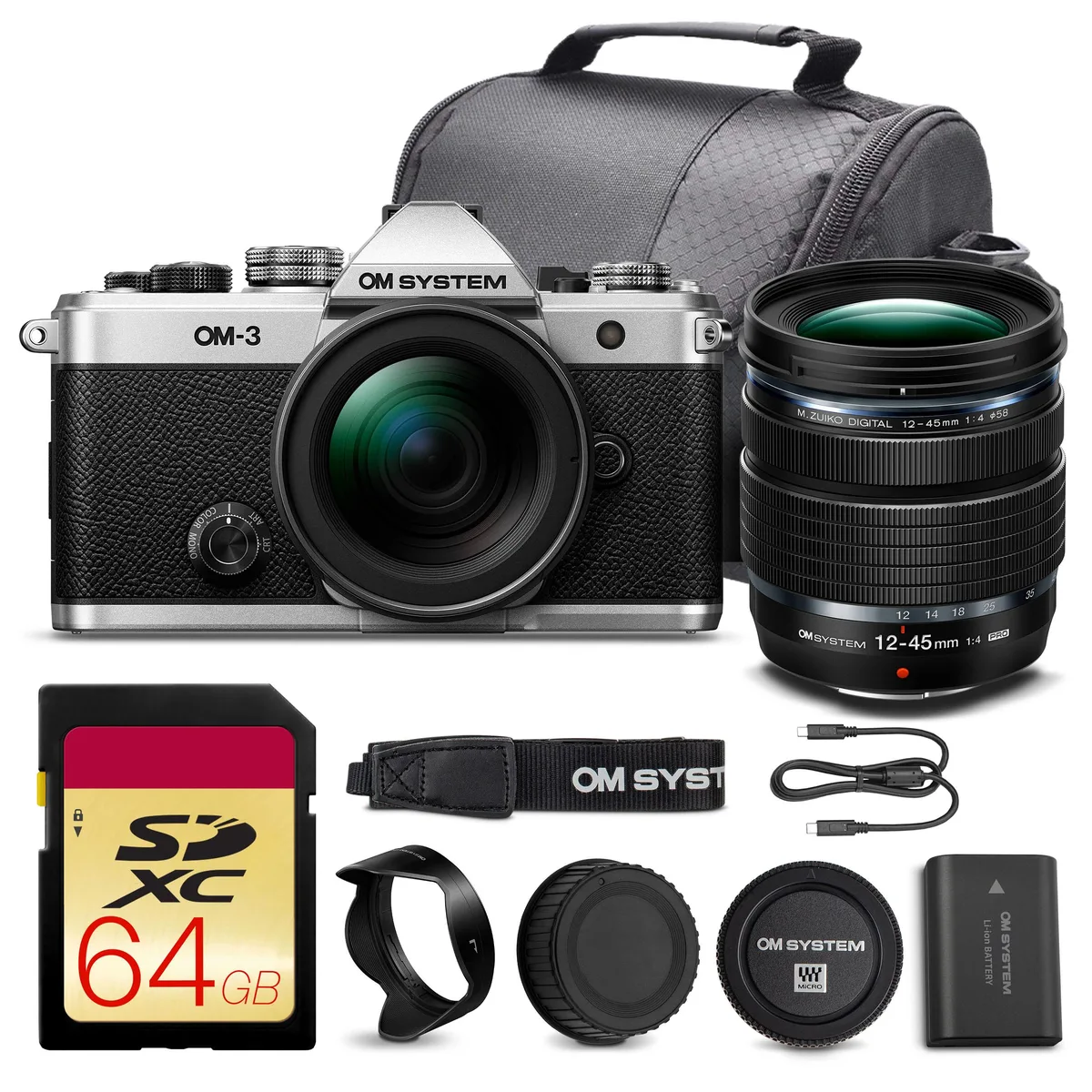 OM System OM System OM-3 20MP Camera Kit 12-45mm f/4 64GB Bag — product photo