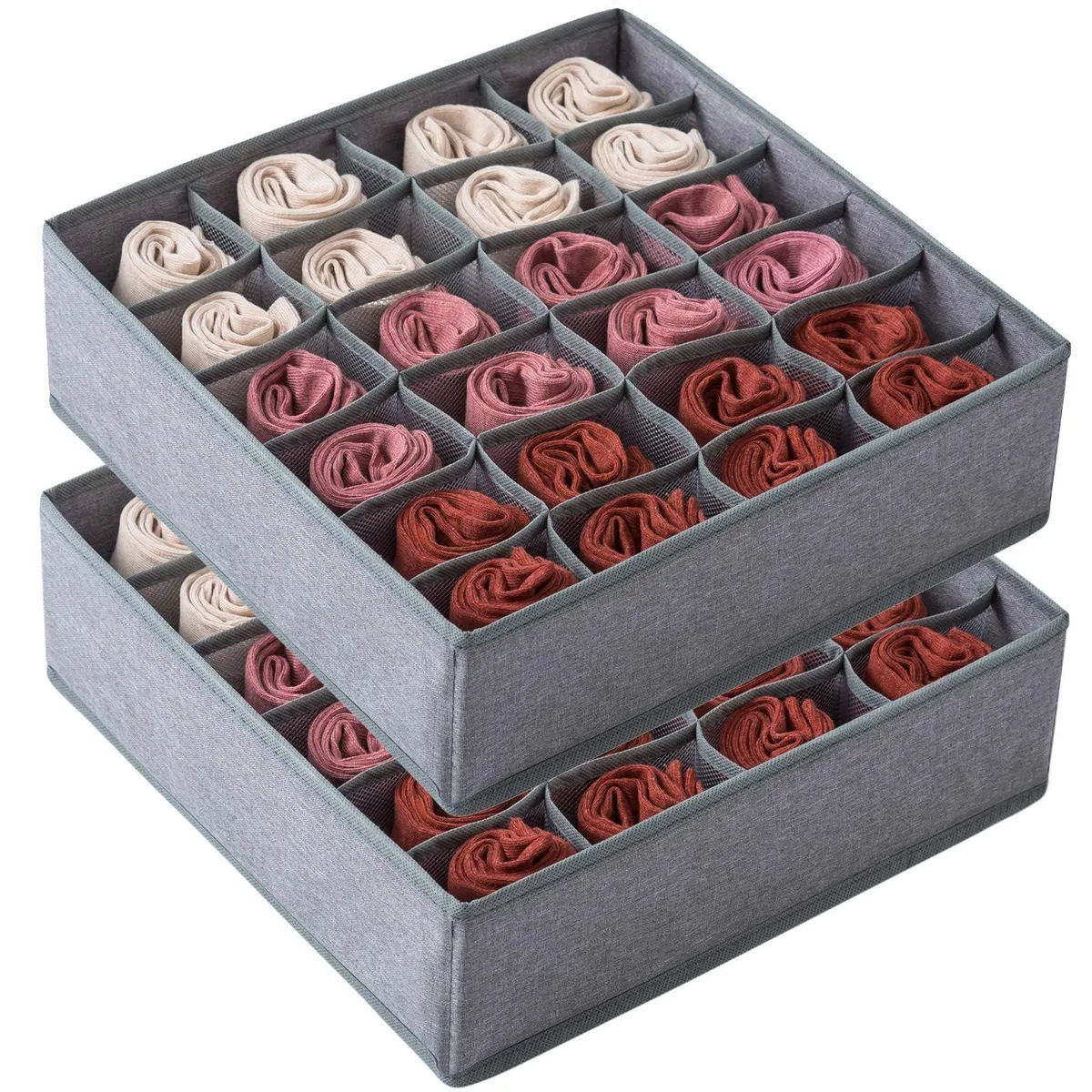 Two folded fabric drawer organizers with zippered bottoms, light grey finish, showing 24 square cells each