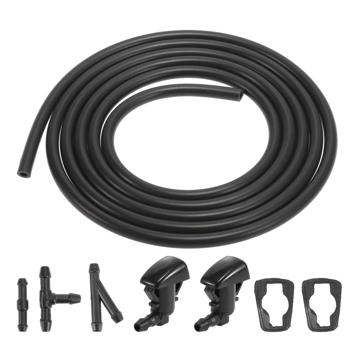 Black plastic windshield washer nozzles kit with hose and connectors