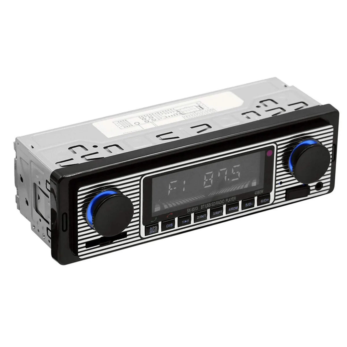 Black rectangular car stereo with dual knobs and LCD screen