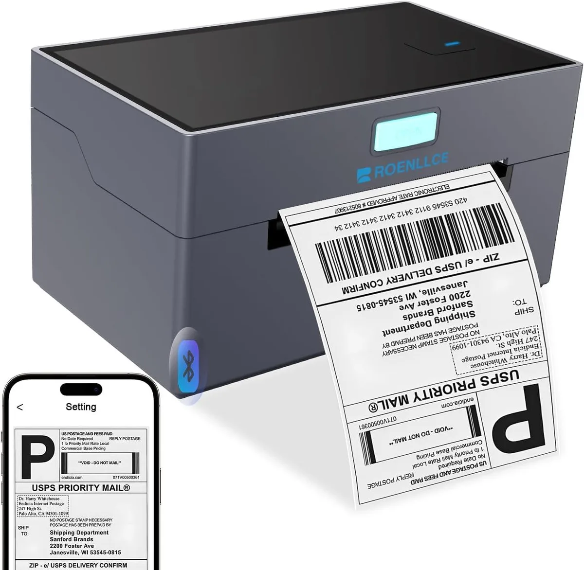 Compact white thermal label printer with roll compartment and control panel