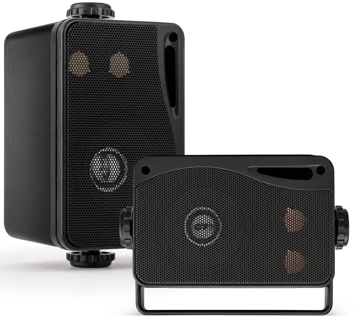 Black compact rectangular outdoor speaker with rust-proof mesh grille and bass reflex vent