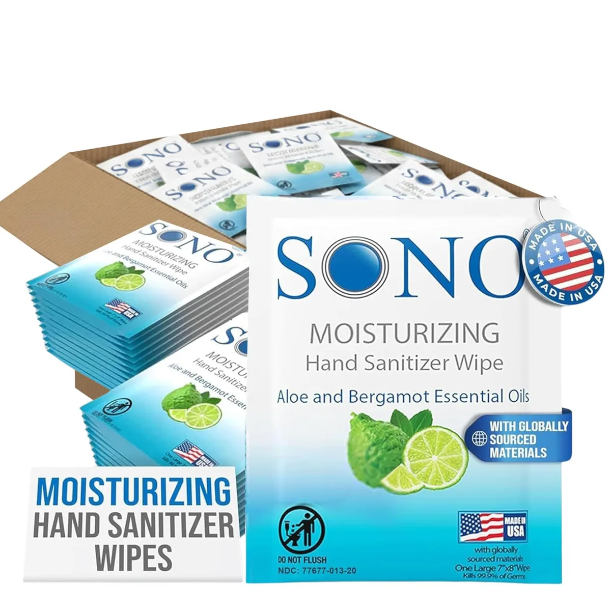 Small rectangular box containing 25 individually wrapped sanitizer wipes