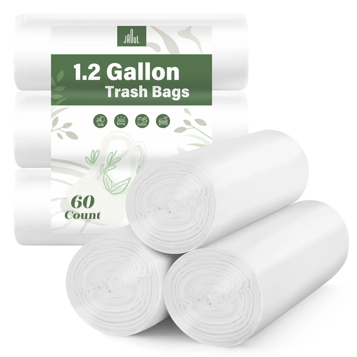 White plastic trash bags on three perforated rolls, 60 count, 1.2 gallon capacity
