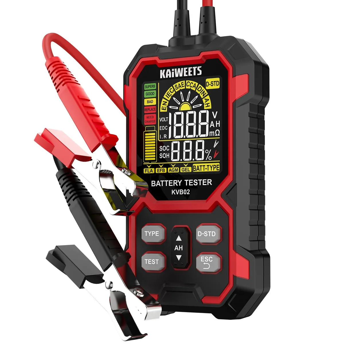 Handheld battery tester with 2.68 inch colour screen and attached clamps