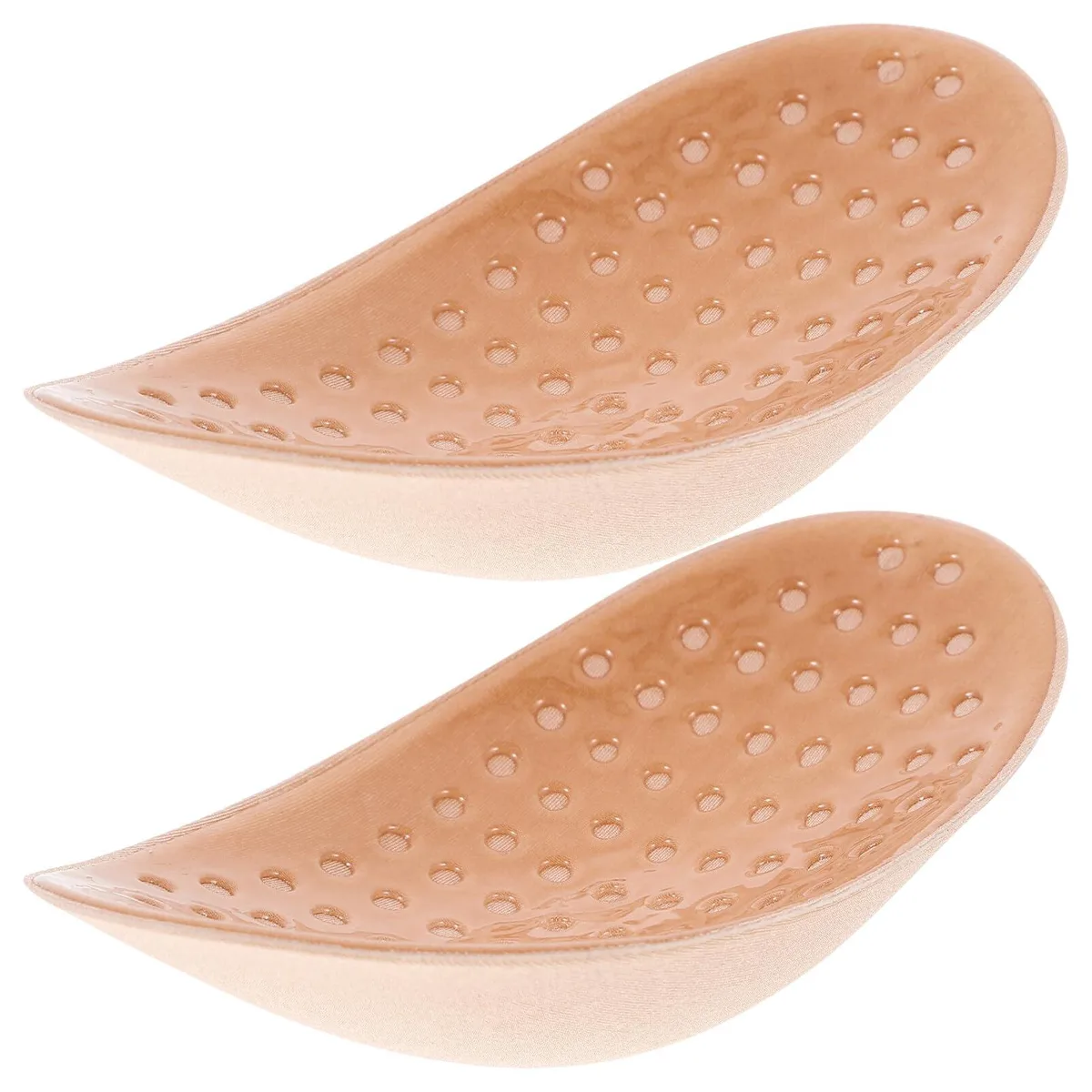 Pair of beige adhesive shoulder pads with right-angle contour and fabric finish