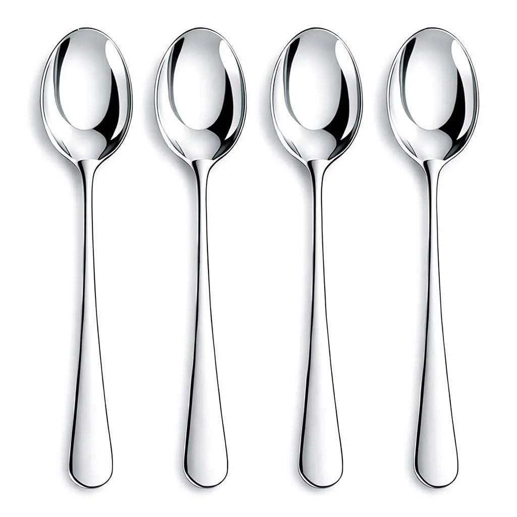 Sixteen silver stainless steel teaspoons with mirror polish and curved handles