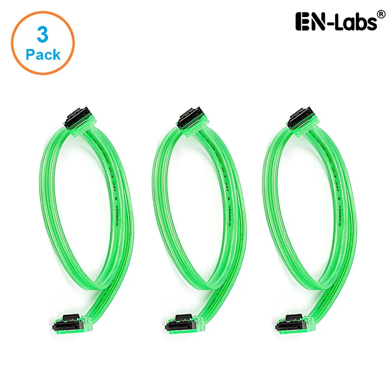 EN-Labs EN-Labs 3PKSATAIII18GNA 3-pack SATA cable UV Green 18 inch 90-degree locking latch — product photo