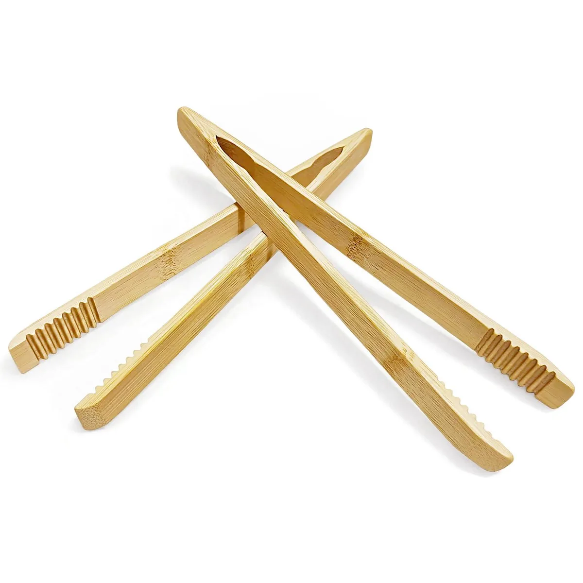 Two natural bamboo tongs, ten inches long, polished finish, serrated tips