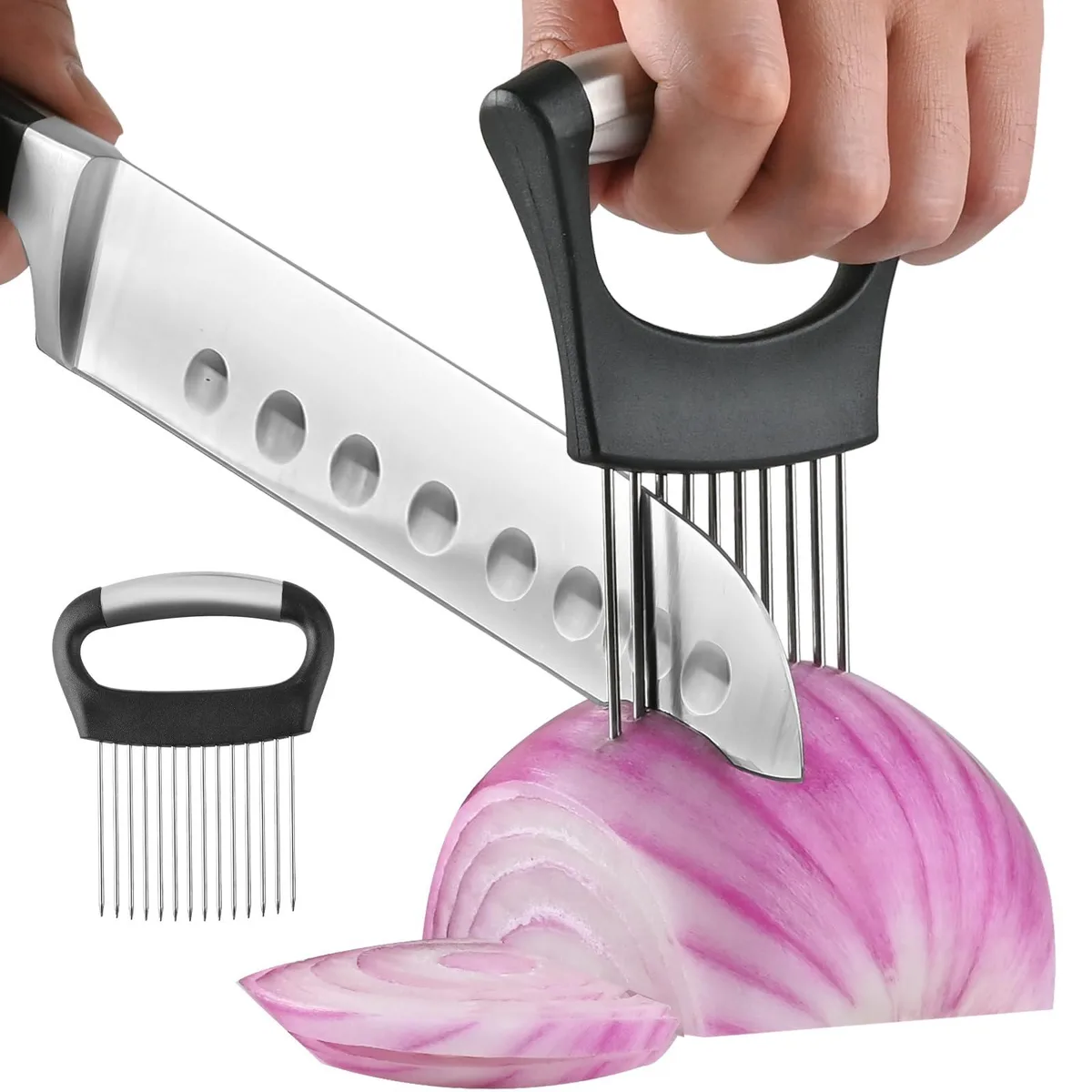 Two black onion slicer holders, large and small, stainless steel needles, ergonomic handles