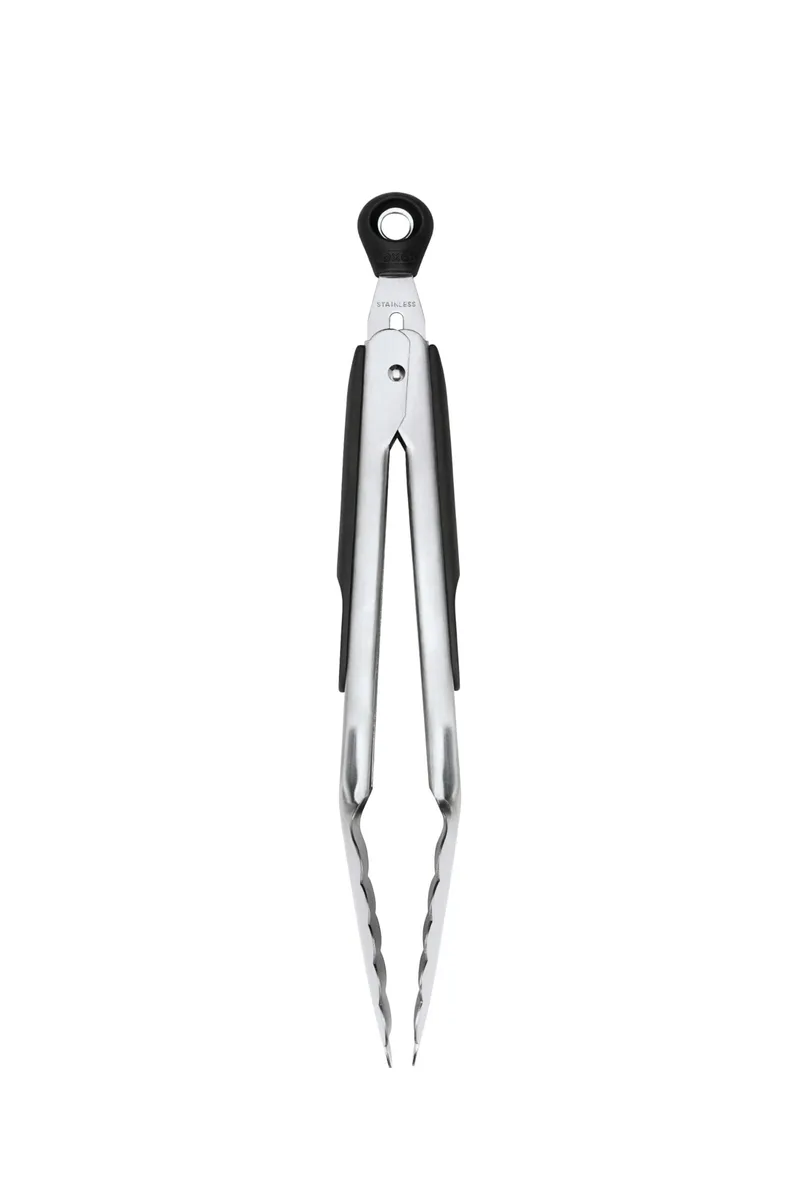 Brushed stainless steel 9-inch kitchen tongs with soft non-slip grips and locking mechanism