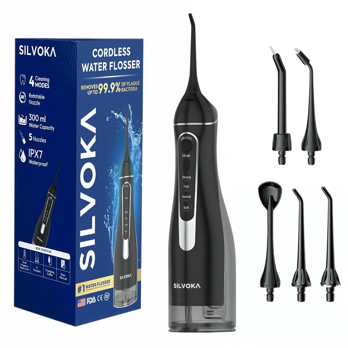 Black cordless water flosser with detachable 300 ml tank