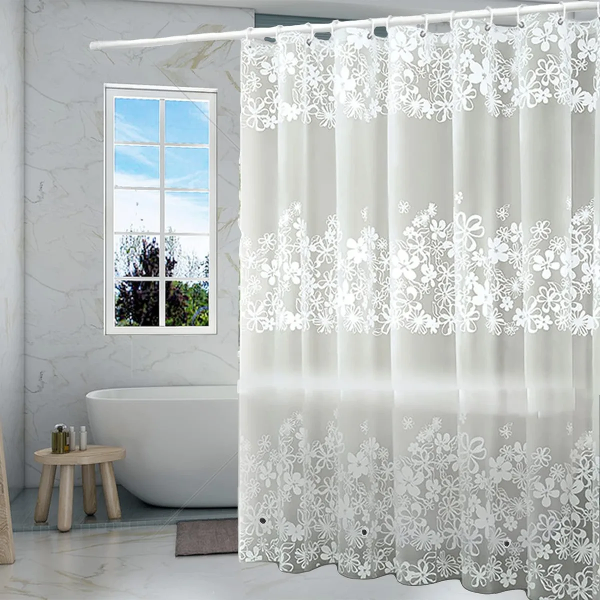  TIKABC 4G PEVA Shower Curtain Liner 72" White Flower — product photo