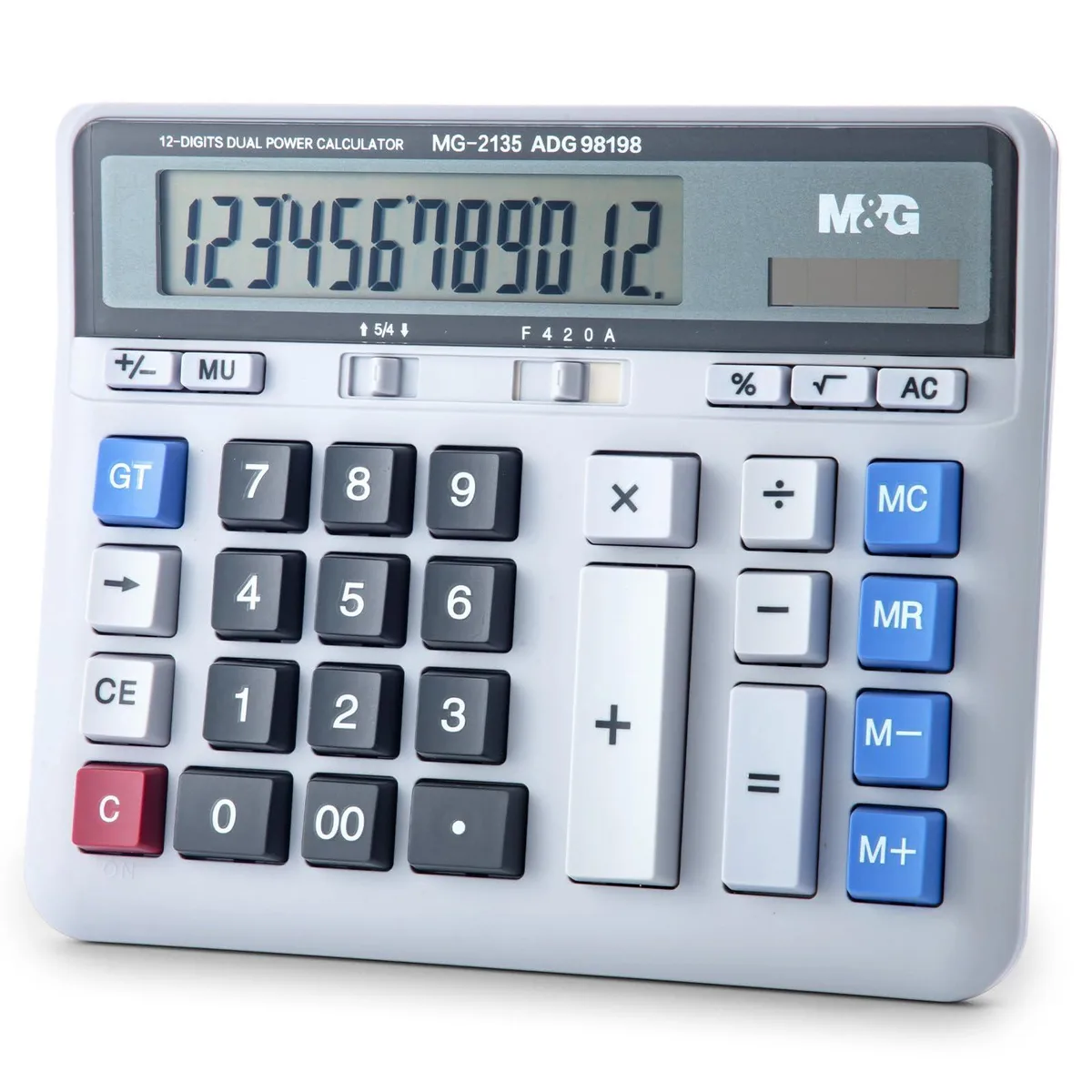 Pink desktop calculator with extra-large 12-digit LCD, mechanical keys, solar and battery power
