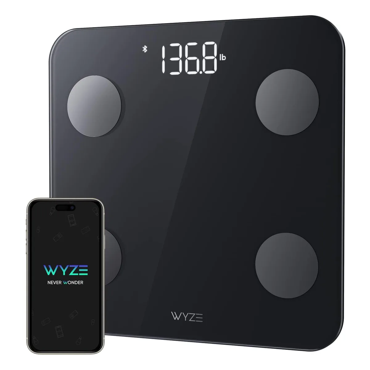 Black square mini smart scale with large display, 10.94 inches wide and 1.02 inches thick