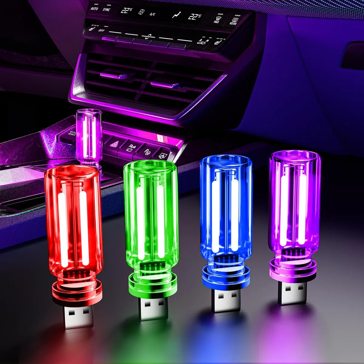Four retro glass bottle USB lights in red blue green purple with touch dimming